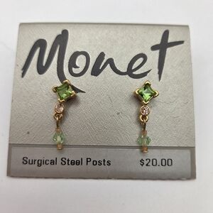 Monet Gold Green Peridot Crystal Surgical Steel Hypoallergenic Dangle Earrings
